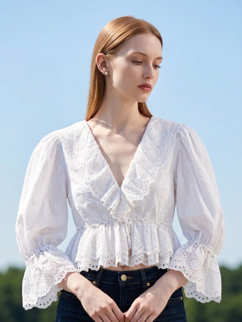 NWT Caroline Constas White Eyelet Cotton Ruffle Peplum Blouse Size S